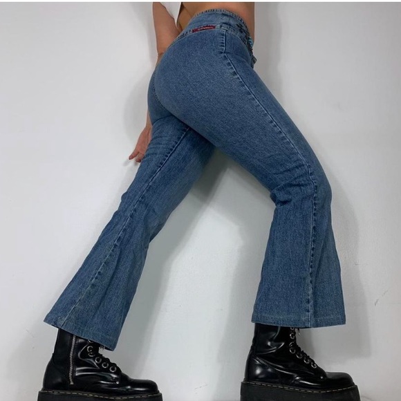 Y2K VINTAGE GEMS EMBROIDERY LIGHT WASH FLARED BOOTCUT WIDE LEG JEANS - Picture 3 of 4